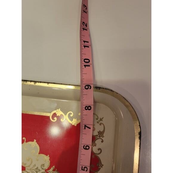 Vintage Tin Metal Vanity Tray Rectangle Cream Red Silver Damask - Picture 4 of 4